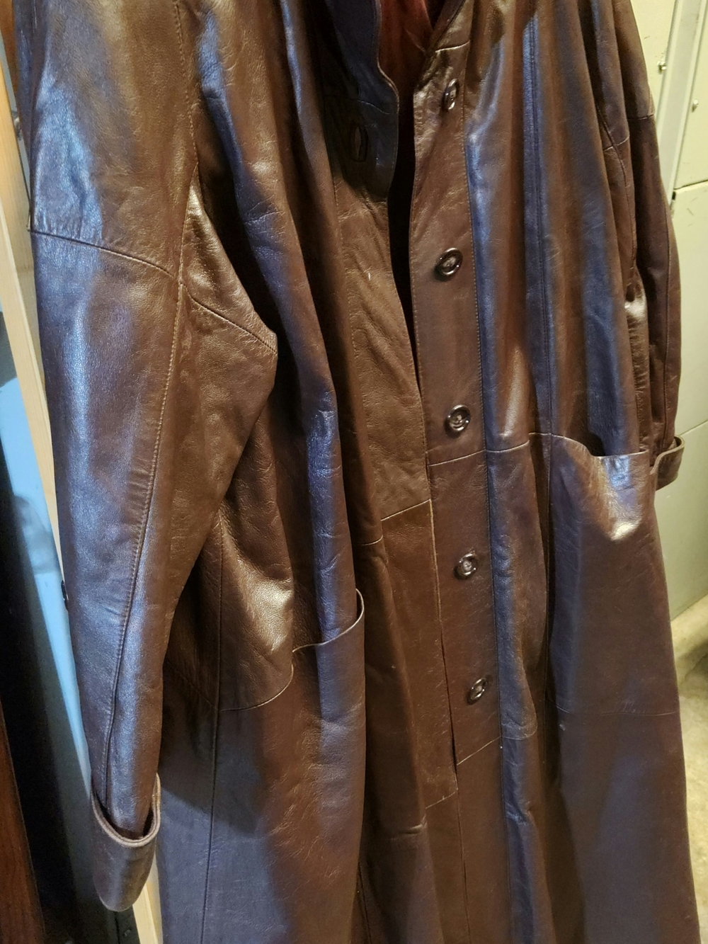 Jacobson's Long Brown Leather Button-Front Coat